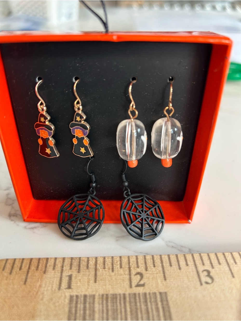 Halloween Witch & Spiderweb Earring Set - Black, Orange, Clear